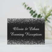 Silver Glitter Confetti op Pure Black avond RSVP Kaartje (Staand voorkant)