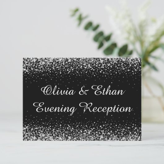 Silver Glitter Confetti op Pure Black avond RSVP Kaartje (Staand voorkant)