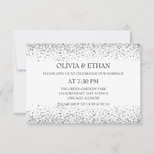 Silver Glitter Confetti op Pure Black avond RSVP Kaartje (Achterkant)