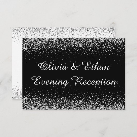 Silver Glitter Confetti op Pure Black avond RSVP Kaartje (Voorkant / Achterkant)