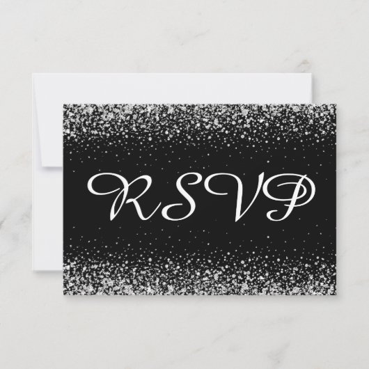 Silver Glitter-Confetti op zuiver zwart RSVP Kaartje (Voorkant)