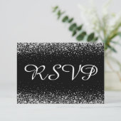 Silver Glitter-Confetti op zuiver zwart RSVP Kaartje (Staand voorkant)
