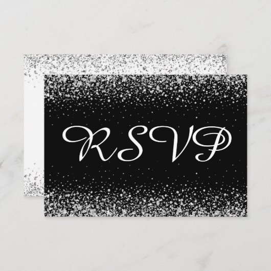 Silver Glitter-Confetti op zuiver zwart RSVP Kaartje (Voorkant / Achterkant)