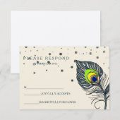 Silver Glitter Confetti Peacock Feather Blue RSVP (Voorkant / Achterkant)