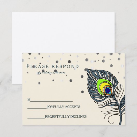 Silver Glitter Confetti Peacock Feather Blue RSVP (Voorkant / Achterkant)