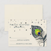 Silver Glitter Confetti Peacock Feather Blue RSVP Kaartje (Voorkant / Achterkant)