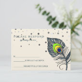 Silver Glitter Confetti Peacock Feather Blue RSVP Kaartje (Staand voorkant)