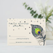 Silver Glitter Confetti Peacock Feather Blue RSVP Kaartje (Staand voorkant)