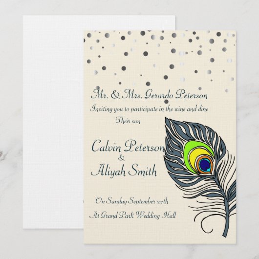 Silver Glitter Confetti Peacock Feathers Wedding Kaart (Voorkant / Achterkant)