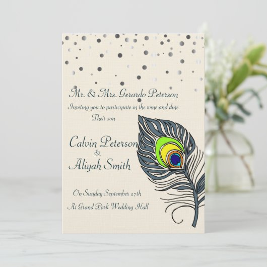 Silver Glitter Confetti Peacock Feathers Wedding Kaart (Staand voorkant)