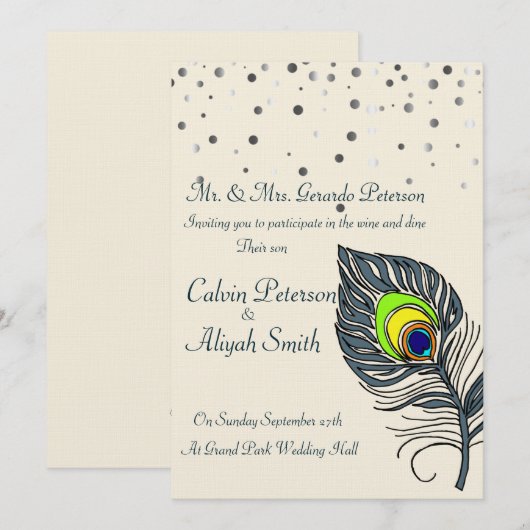 Silver Glitter Confetti Peacock Feathers Wedding Kaart (Voorkant / Achterkant)