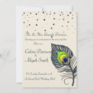 Silver Glitter Confetti Peacock Feathers Wedding Kaart