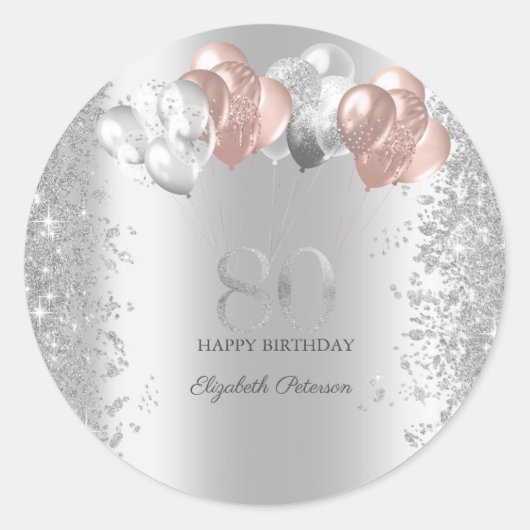 Silver Glitter Confetti Pink Balloons 80th Ronde Sticker (Voorkant)