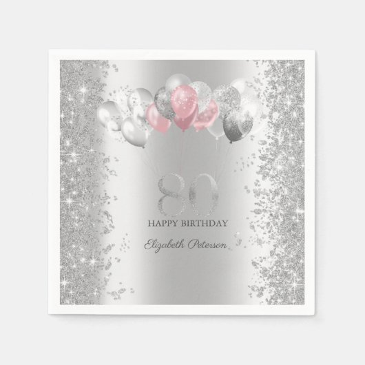 Silver Glitter Confetti Pink Balloons 80th Servet (Voorkant)