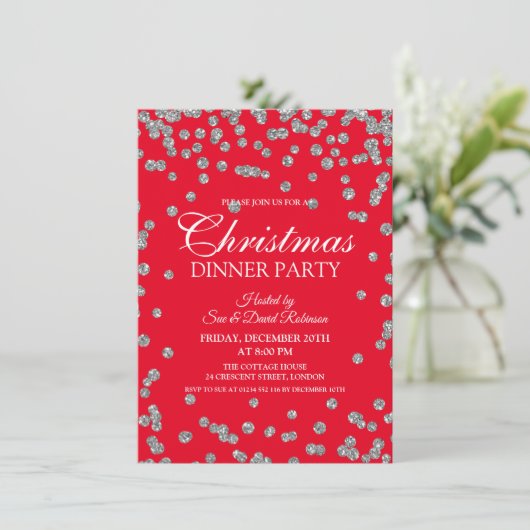 Silver Glitter Confetti Red Christmas Holiday Kaart (Staand voorkant)