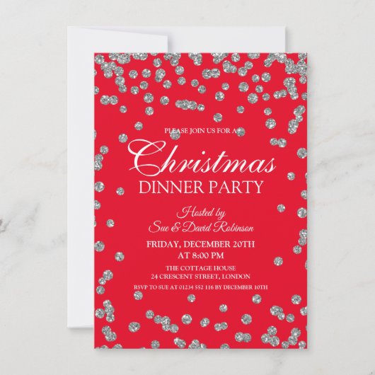 Silver Glitter Confetti Red Christmas Holiday Kaart (Voorkant)