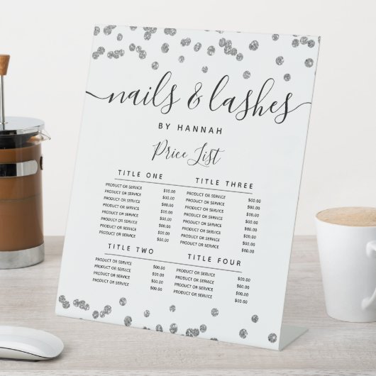 Silver Glitter Confetti Salon Price Menu Reclamebord Met Voetstuk (Insitu)