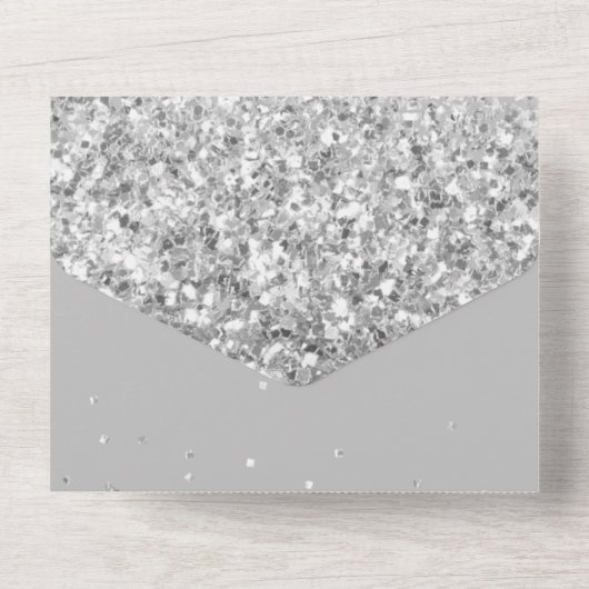 Silver Glitter Confetti Wit Diamond Jurk All In One Uitnodiging (Achterkant)
