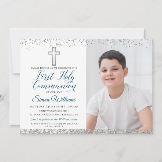 Silver Glitter Cross Script First Communication Fo Kaart (Voorkant)