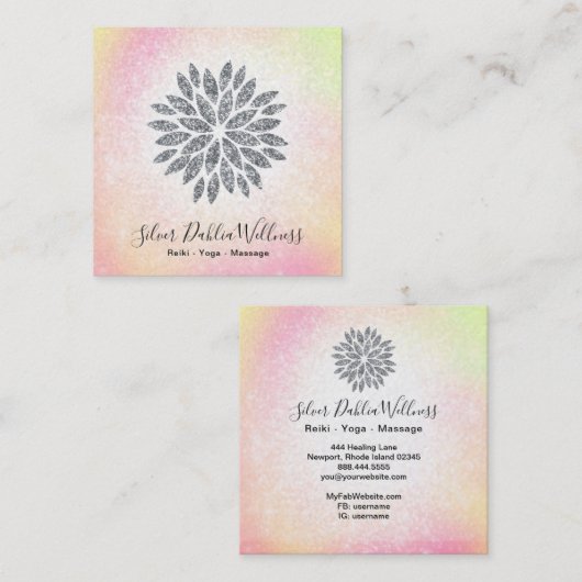~ Silver Glitter Dahlia Pastel Rainbow AP2 Vierkante Visitekaartje (Voorkant / Achterkant)