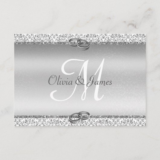 Silver Glitter Damask Elegant Wedding Details Informatiekaartje (Achterkant)