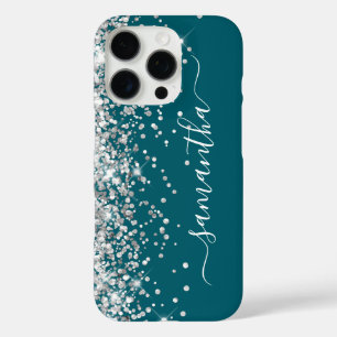 Silver Glitter Dark Blauwgroen Girly Signature iPhone 16 Pro Hoesje