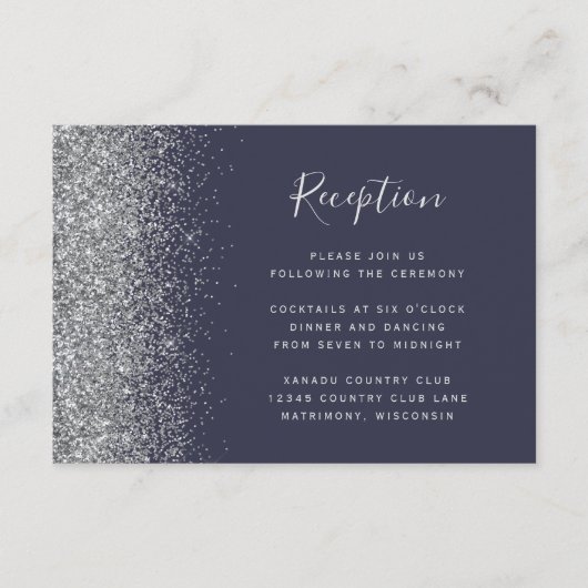 Silver Glitter Dark Blue Weddenschap Reception Informatiekaartje (Voorkant)