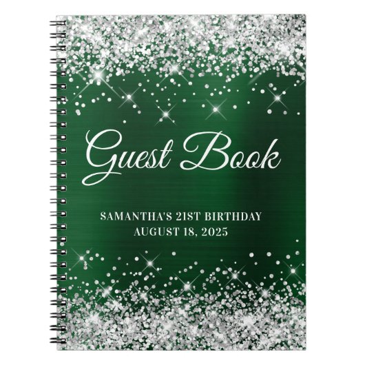 Silver Glitter Dark Green 21st Birthday Guestbook Notitieboek (Voorkant)