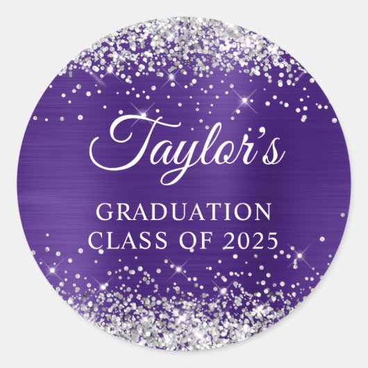Silver Glitter  Dark Paarse Folie Afstuderen Ronde Sticker (Voorkant)
