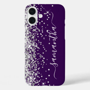 Silver Glitter Dark Paarse Girly Signature iPhone 16 Plus Hoesje