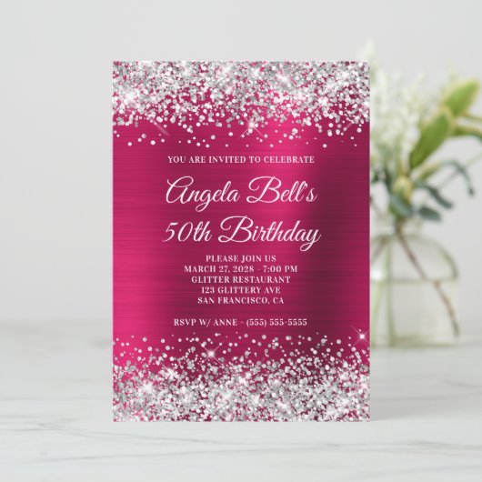 Silver Glitter Dark Pink Folie 50e verjaardag Kaart (Staand voorkant)