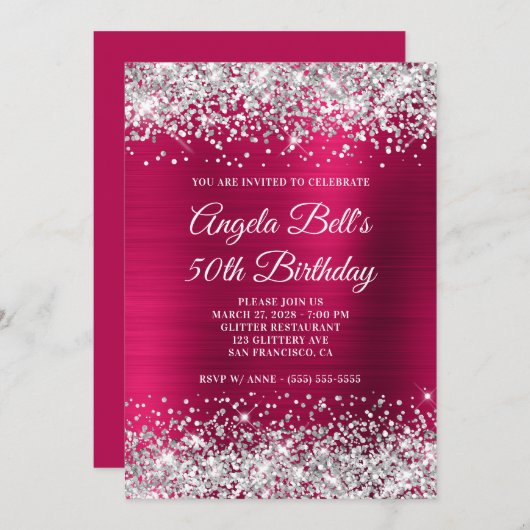 Silver Glitter Dark Pink Folie 50e verjaardag Kaart (Voorkant / Achterkant)