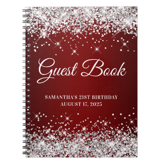 Silver Glitter Dark Red 21st Birthday Guestbook Notitieboek (Voorkant)