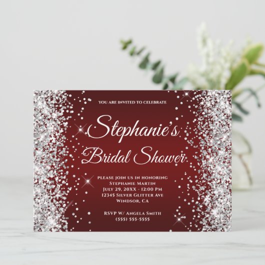 Silver Glitter Dark Red Gradient Fancy Monogram Kaart (Staand voorkant)