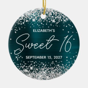 Silver Glitter Dark Turquoise Fancy Sweet 16 Photo Keramisch Ornament