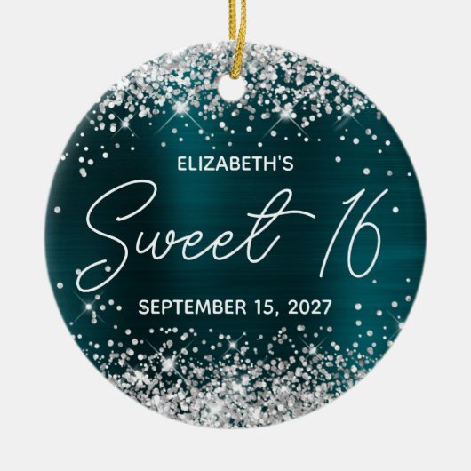 Silver Glitter Dark Turquoise Fancy Sweet 16 Photo Keramisch Ornament (Voorkant)
