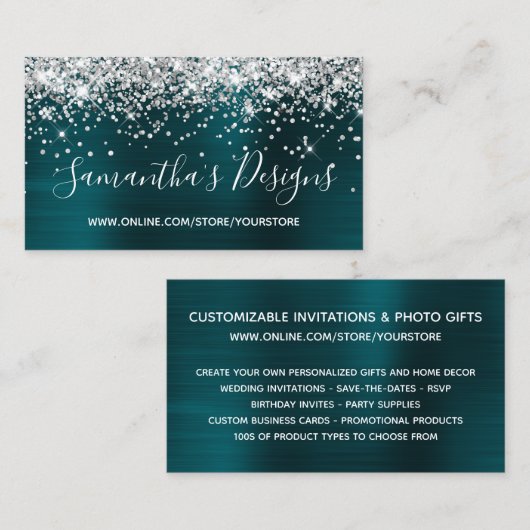 Silver Glitter Dark Turquoise Folie Online Store Visitekaartje (Voorkant / Achterkant)