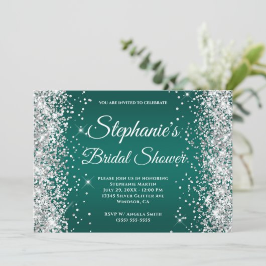 Silver Glitter Dark Turquoise Ombre Fancy Monogram Kaart (Staand voorkant)
