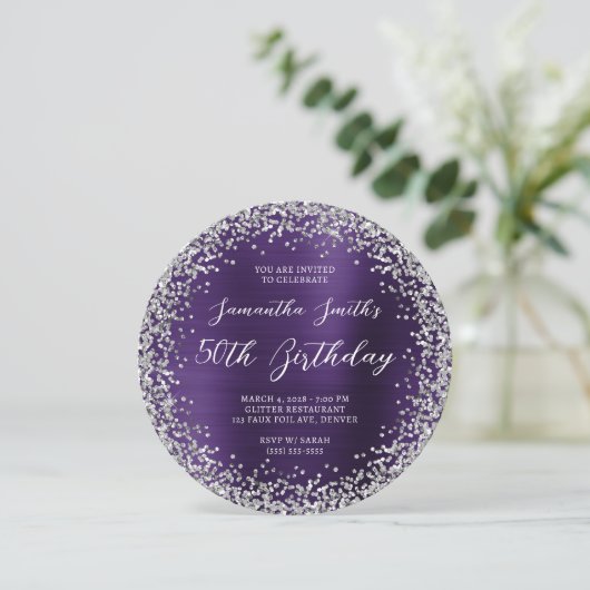 Silver Glitter Dark Violet Folie 50e verjaardag Kaart (Staand voorkant)