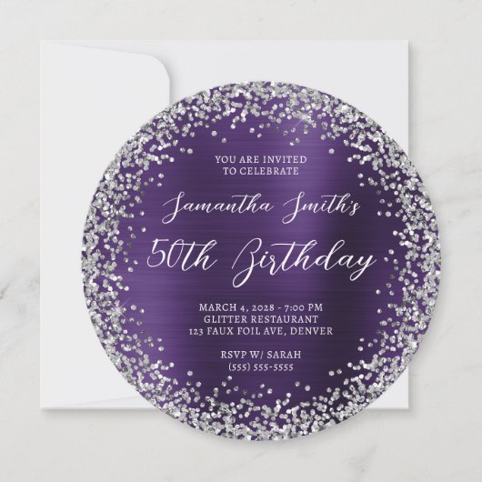 Silver Glitter Dark Violet Folie 50e verjaardag Kaart (Voorkant)