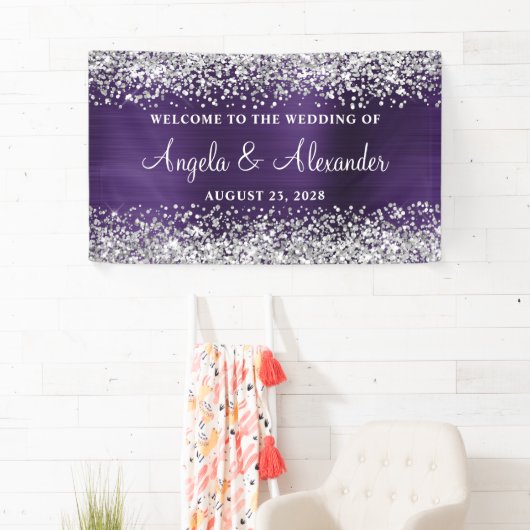 Silver Glitter Dark Violet Folie Bruiloft Welkom Spandoek (Insitu)