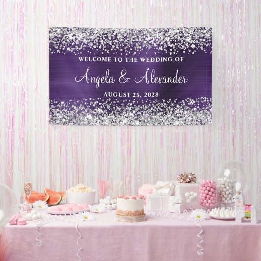 Silver Glitter Dark Violet Folie Bruiloft Welkom Spandoek (Feest)