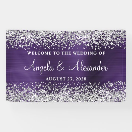 Silver Glitter Dark Violet Folie Bruiloft Welkom Spandoek (Horizontaal)