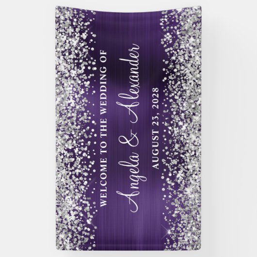 Silver Glitter Dark Violet Folie Bruiloft Welkom Spandoek (Verticaal)