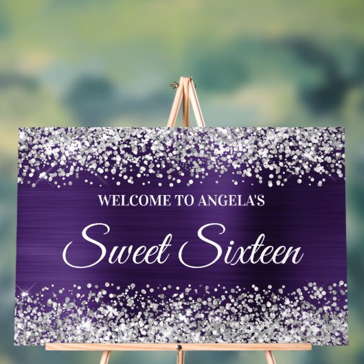 Silver Glitter Dark Violet Folie Sweet Sixteen Acryl Bord (Neutraal)