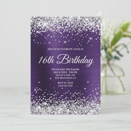 Silver Glitter Dark Violet Ombre Folie Monogram Kaart (Staand voorkant)