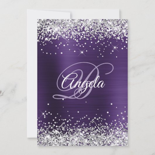 Silver Glitter Dark Violet Ombre Folie Monogram Kaart (Achterkant)