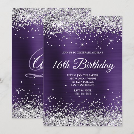 Silver Glitter Dark Violet Ombre Folie Monogram Kaart (Voorkant / Achterkant)