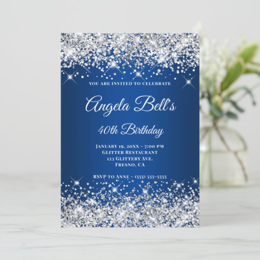 Silver Glitter Deep Blue Ombre Fancy Monogram Kaart (Staand voorkant)