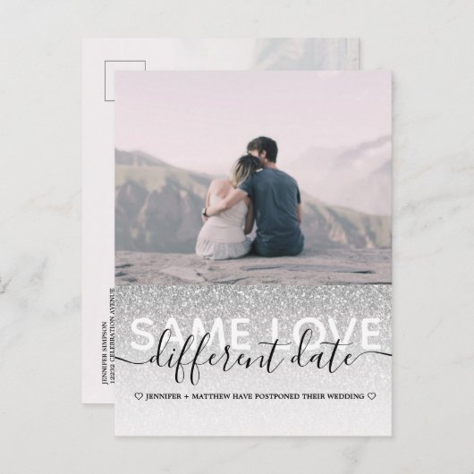 Silver Glitter Dezelfde Liefde Verschillende Datum Aankondigingskaart (Voorkant / Achterkant)